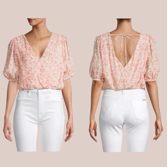 NWT Lush Flirty Pink Floral Crinkle Surplice Half Sleeve V Neck Crop Top | S - Picture 9 of 11